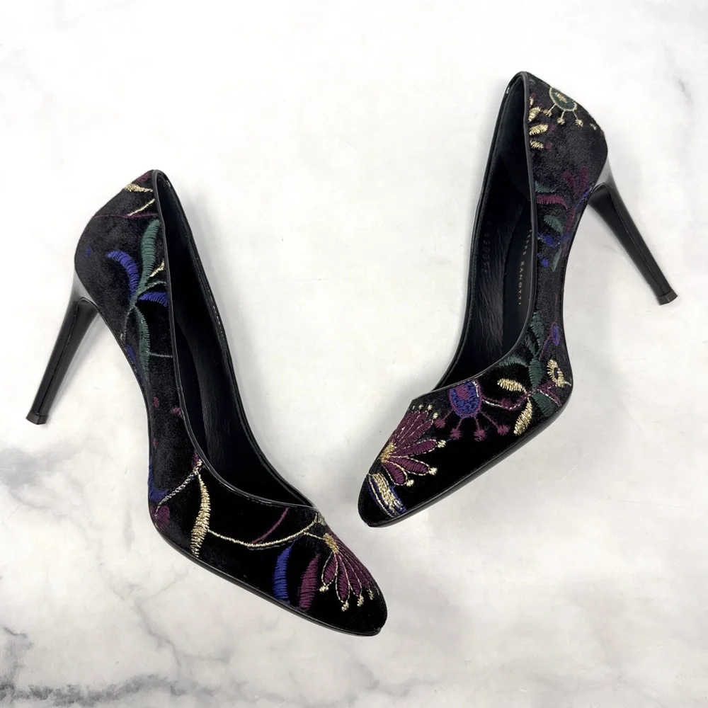 Giuseppe Zanotti Annette Velvet Floral Embroidered Almond Toe Pumps Heels Black